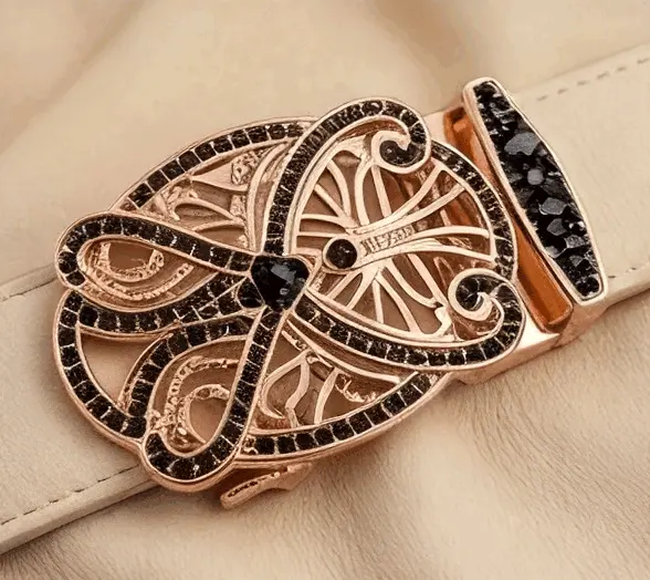 Custom Fashion Belt Buckle with Ornate Rhinestone Filigree