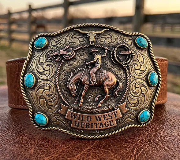Custom Western Belt Buckle with Turquoise and Cowboy Engraving
