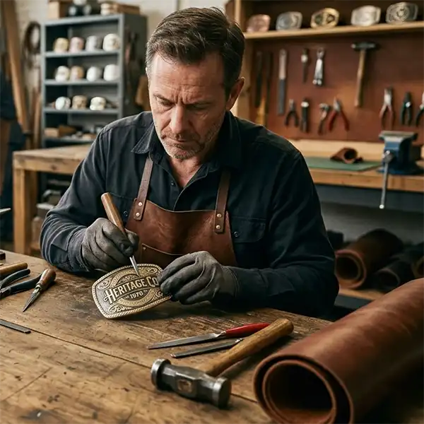 Artisan crafting custom engraved belt buckle in workshop, hand-finishing metal detail