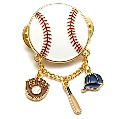 Custom baseball trading pin with dangling baseball, glove, bat, and cap charms