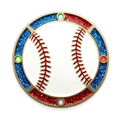 Custom glitter spinner baseball pin with red-blue glitter accents and rotating baseball center