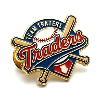 Custom soft enamel baseball pin with Team Traders logo, raised metal lines and recessed color fills