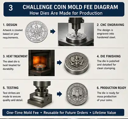 Challenge coin mold manufacturing process diagram, from design to production-ready die