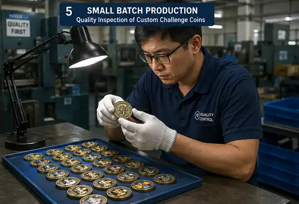 Quality inspection of small batch custom challenge coins by factory worker