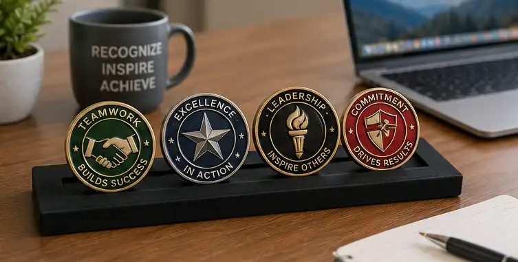 custom challenge coins displayed on employee desk as recognition keepsakes