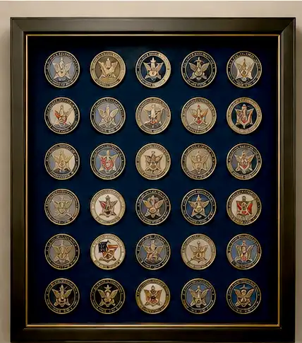 challenge coins arranged in grid pattern inside shadow box