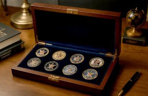 velvet-lined display case holding challenge coins