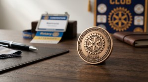 Polished bronze club challenge coin with Rotary wheel emblem and club number on a member desk next to a Rotary convention badge