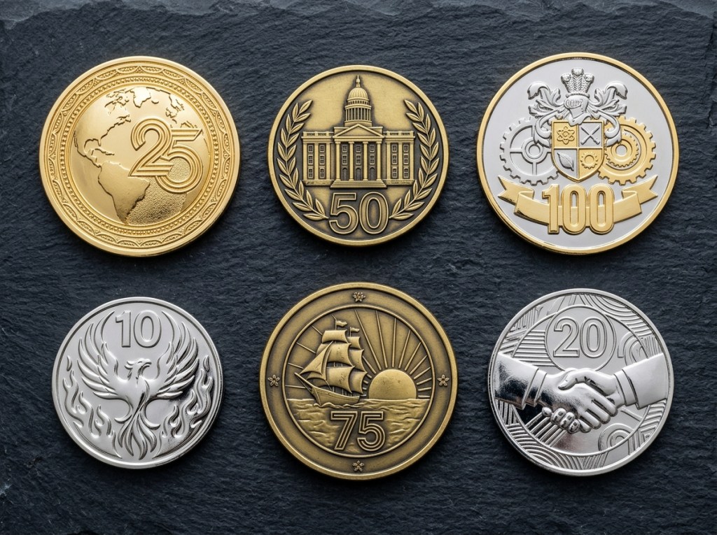 Six corporate anniversary challenge coin design examples showing founding years, milestone years, founder signatures, and value-list backs arranged on dark slate