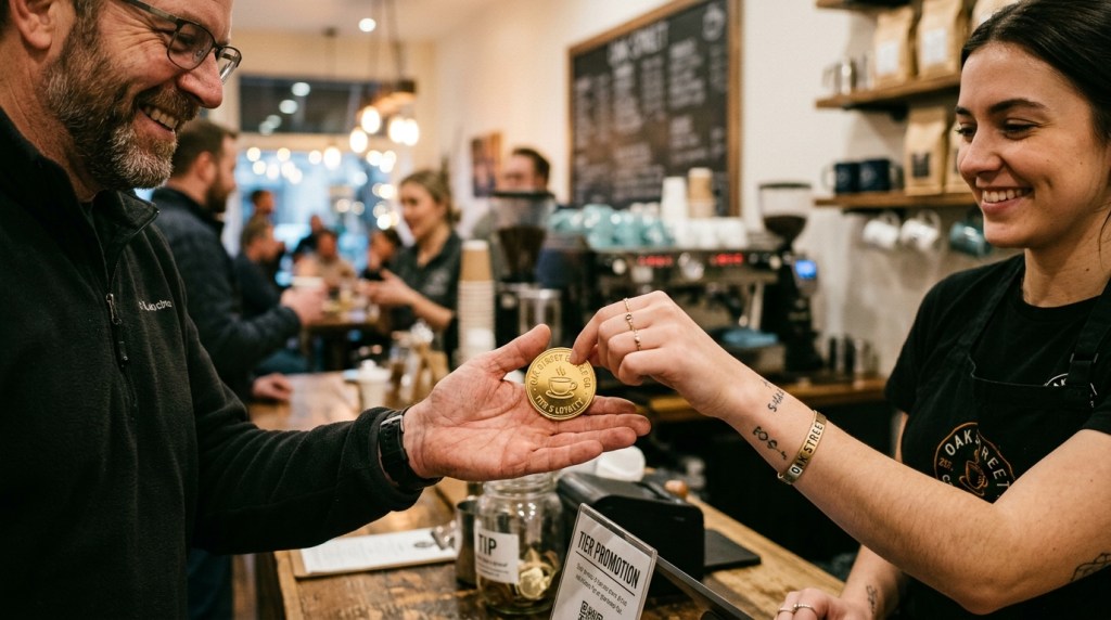 Barista handing a polished gold customer loyalty challenge coin to a regular customer across a coffee bar during tier promotion