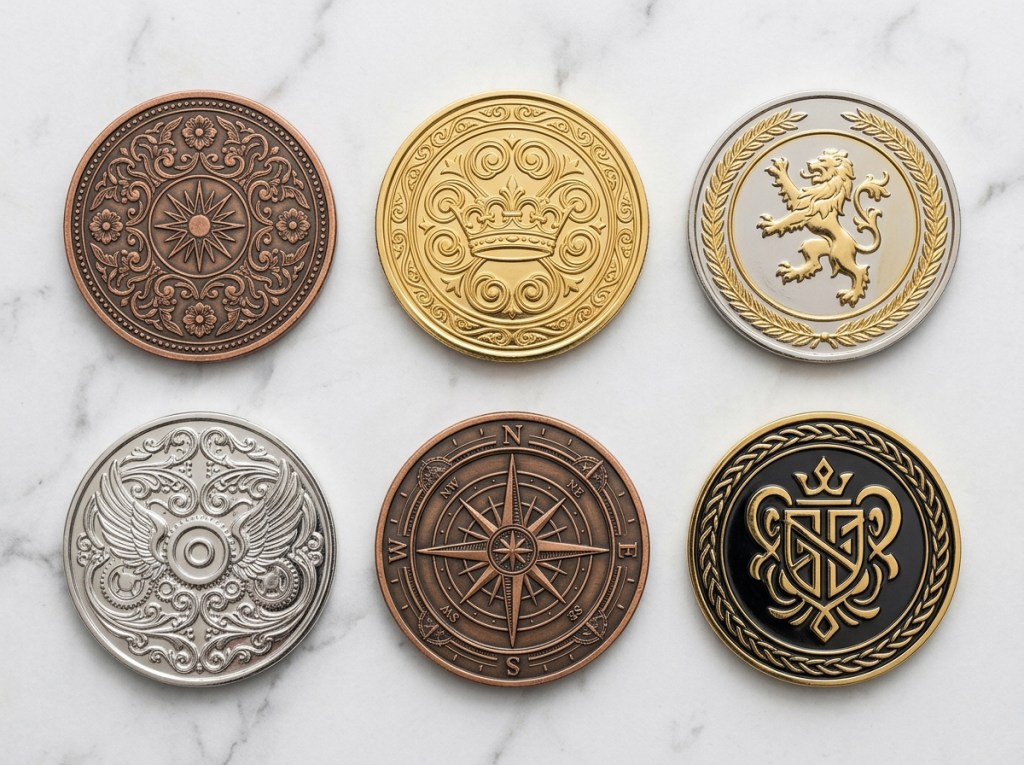 Six customer loyalty challenge coin tier examples showing polished silver, antique copper, gold, and dual-plated finishes