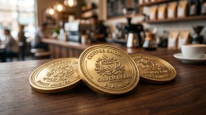 Three polished brass customer loyalty challenge coins on a dark wood counter with coffee shop branding on the faces