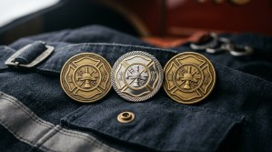 Three fire department challenge coins with Maltese cross and ladder apparatus in antique gold and polished silver on a turnout coat fabric surface