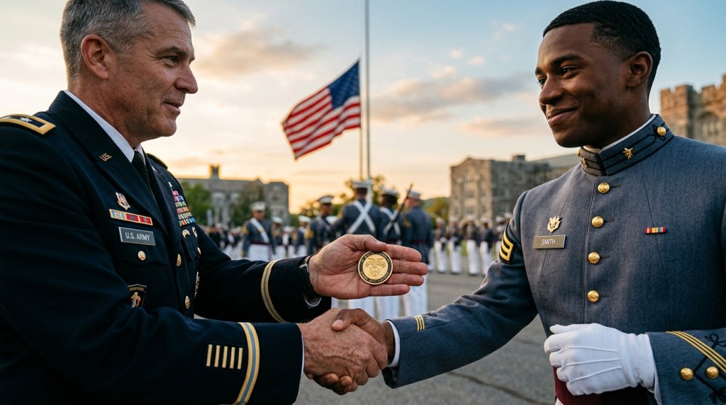 Presenter hands graduation challenge coins to academy graduate in a traditional military coin handshake during the ceremony