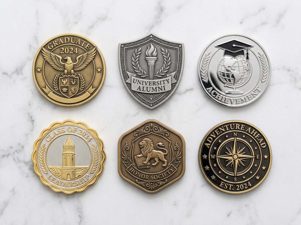 Six graduation challenge coins design examples showing crests mottoes class years and dual gold-silver plating finish variations