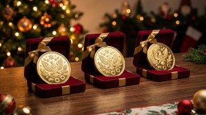 Three polished gold holiday corporate challenge coins in deep red velvet gift boxes with gold ribbon arranged on polished wood desk surface