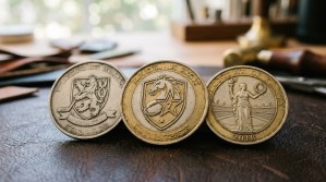 Antique silver and gold sports team challenge coins arranged on a leather surface with team crests, jersey numbers, and championship years visible on the faces