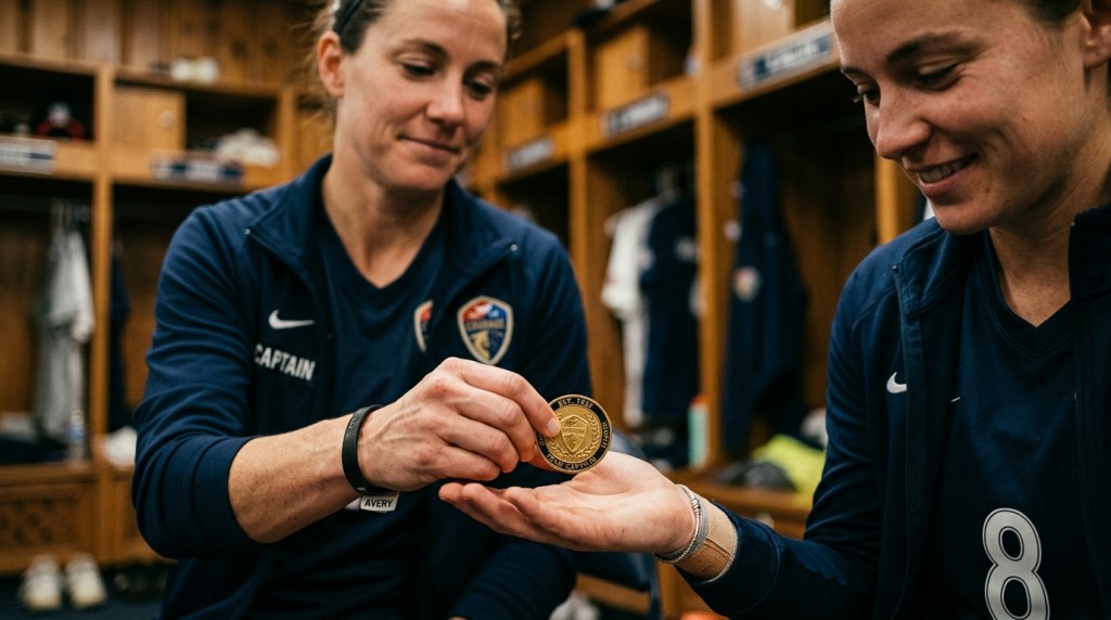 A captain handing a polished gold sports team challenge coin to a teammate in a quiet locker room moment after a victory, capturing the team tradition of coin handoff