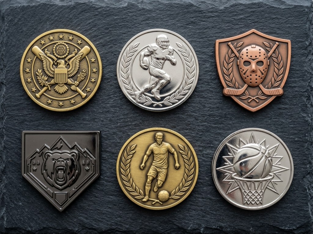 Six sports team challenge coin design examples showing finishes, shapes, and engraving styles that teams order for captains, seniors, and championships